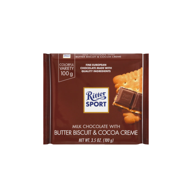 Ritter Sport - Barre de chocolat au lait avec biscuit au beurre et crème de cacao | 100g