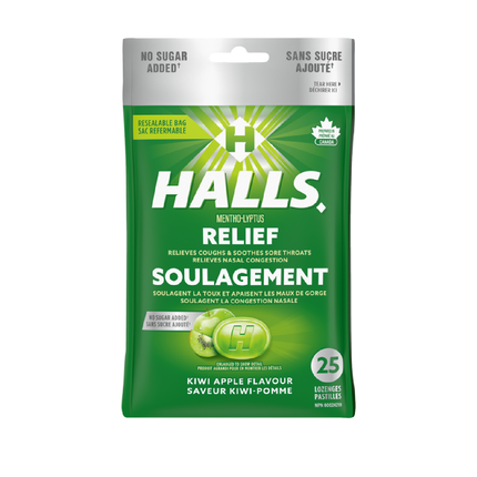 Halls - Relief - Sans sucre ajouté - Saveur pomme kiwi | 25 pastilles