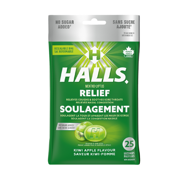 Halls - Relief - Sans sucre ajouté - Saveur pomme kiwi | 25 pastilles