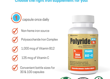Polyride Ultra Fe - Iron + Vitamins B12 + C | 30 Capsules