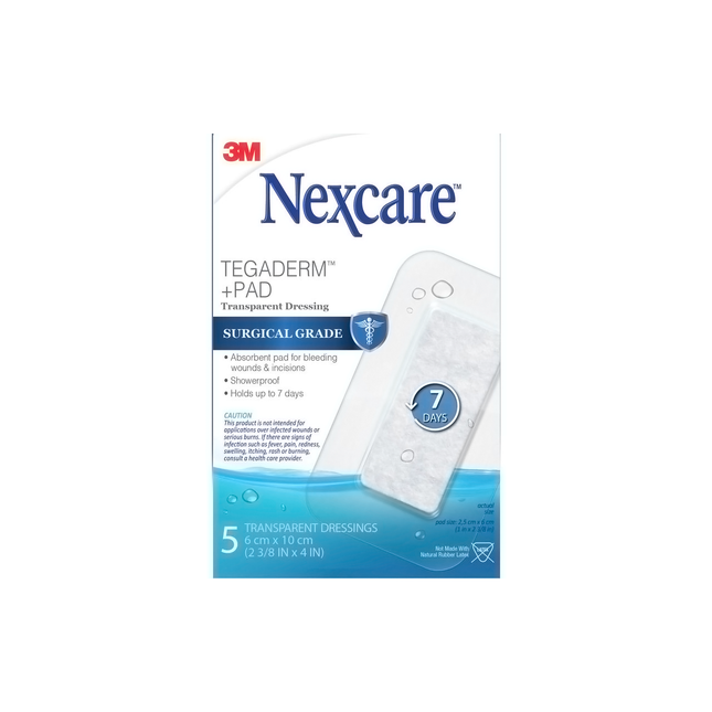 3M - Nexcare Tegaderm + Pad Surgical Grade - 6CM x 10CM | 5 Transparent Dressings