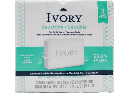 Ivory - Sensitive Fragrance Free Soap Bar | 3 x 90 g