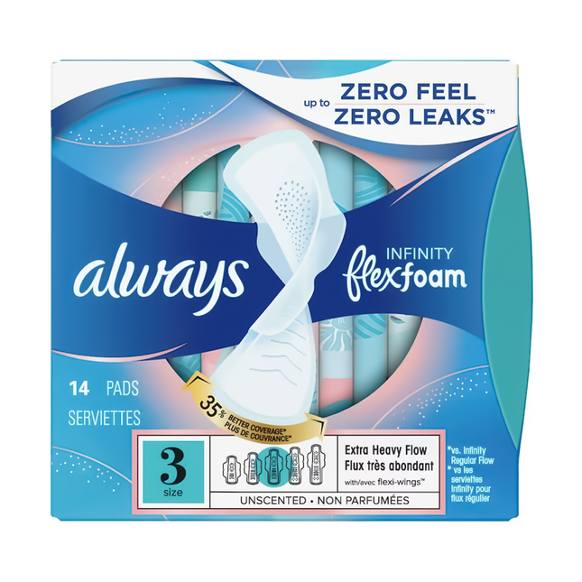 Always - Infinity Flex Foam Unscented Pads, Size 3 | 14 Pads