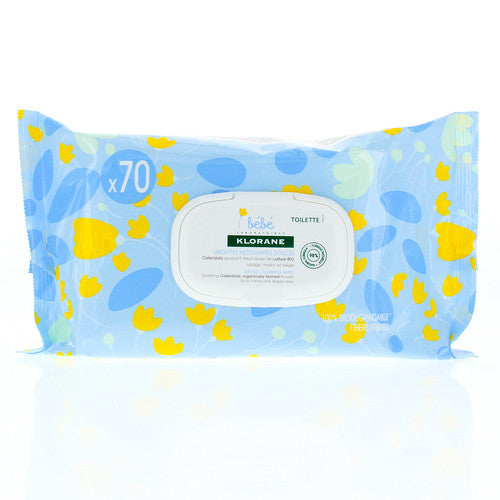 *Klorane BeBe - Gentle Cleansing Wipes with Calendula - for Face Hands & Diaper Area | 70 - 100% biodegradable Wipes