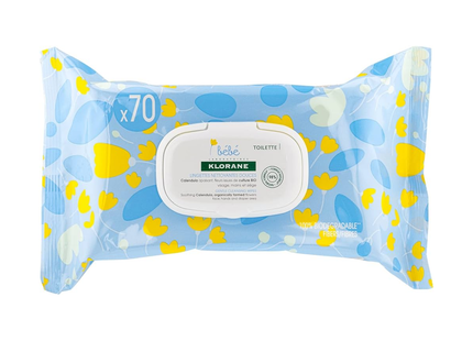 *Klorane BeBe - Lingettes nettoyantes douces au calendula - pour le visage, les mains et les couches | 70 à 100 % de lingettes biodégradables