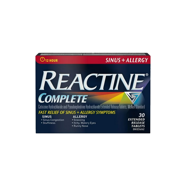 Reactine - Comprimés complets pour le soulagement des sinus et des allergies à libération prolongée | 30 comprimés