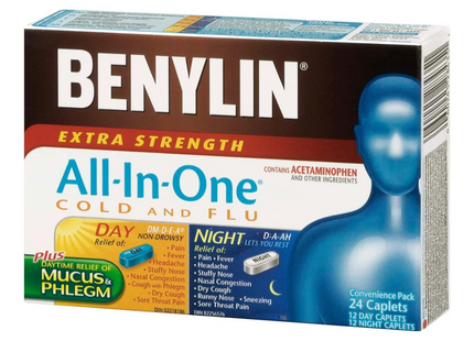 Benylin - Extra Strength All-In-One Cold, Flu & Cough Relief | 12 Day + 12 Night Caplets