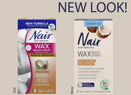 Nair - Wax Ready-Strips with Coconut Milk Extract- Bikini & Underarm | 32 Wax Strips + 3 Wipes