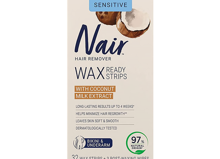 Nair - Wax Ready-Strips with Coconut Milk Extract- Bikini & Underarm | 32 Wax Strips + 3 Wipes