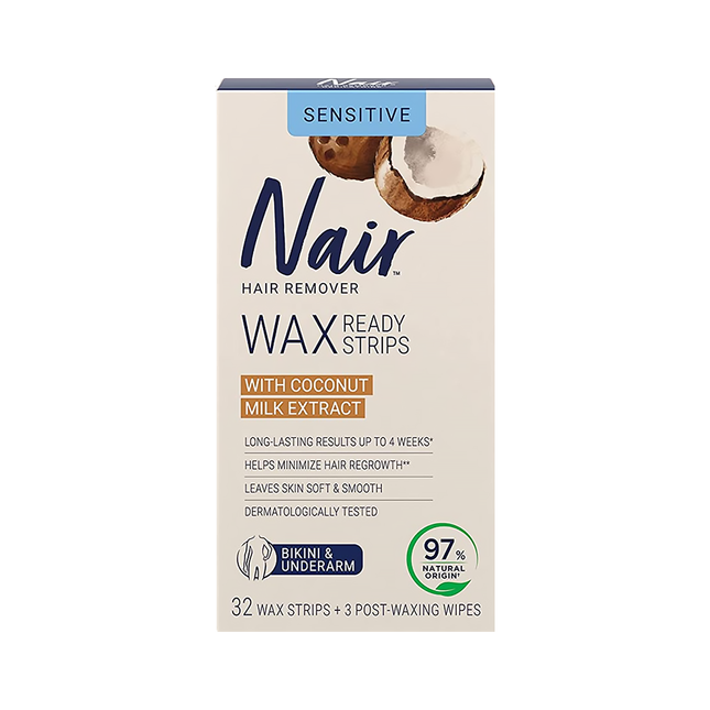 Nair - Bandes prêtes à la cire avec extrait de lait de coco - Bikini et aisselles | 32 Bandes de Cire + 3 Lingettes