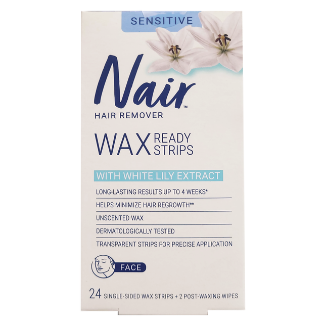 Nair - Hair Remover Wax Ready-Strips for Face with Soothing White Lily | 24 Single Sided Wax Strips