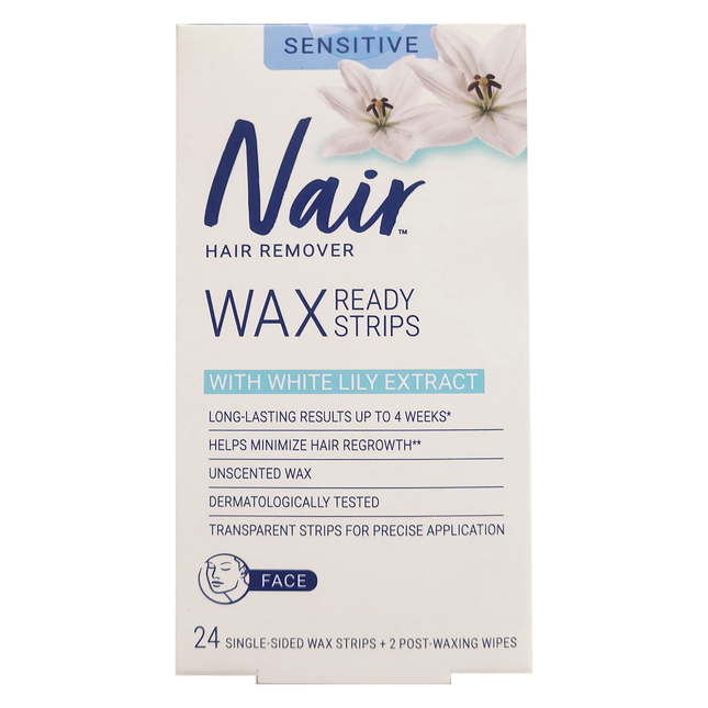 Nair - Bandes de cire épilatoire prêtes pour le visage au lys blanc apaisant | 24 bandes de cire simple face