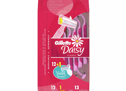 Gillette - Daisy Classic Disposable Razors with Moisture Smooth Strip | 12 Razors + 1 Simply Venus 3