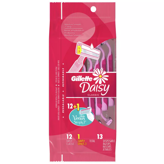 Gillette - Rasoirs jetables Daisy Classic avec bande lisse hydratante | 12 Rasoirs + 1 Simply Venus 3
