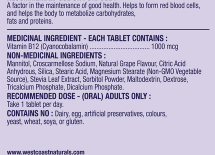 WestCoast Naturals - Vitamin B12 1000 mcg | 90 Tablets