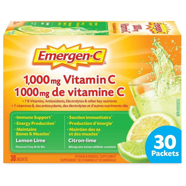 Emergen-C - Mélange pour boissons gazeuses à saveur de citron et de lime à la vitamine C | 30 sachets