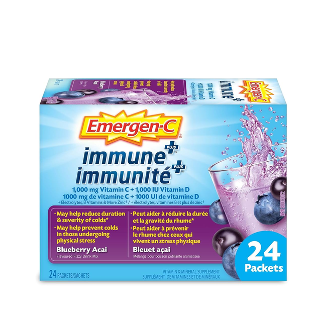 Emergen-C - Mélange pour boissons gazeuses aromatisées Immune+ - Myrtille et açaï | 24 sachets