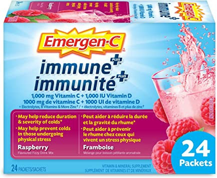 Emergen C - Immune + - 1000 mg de vitamine C + 1000 UI de vitamine D - Mélange pour boisson gazeuse aromatisée à la framboise | 24 paquets