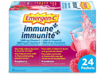 Emergen C - Immune + - 1000 mg Vitamin C + 1000 IU Vitamin D - Raspberry Flavoured Fizzy Drink Mix | 24 Packets