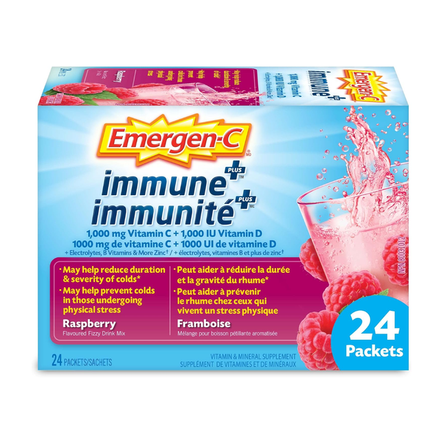 Emergen C - Immune + - 1000 mg Vitamin C + 1000 IU Vitamin D - Raspberry Flavoured Fizzy Drink Mix | 24 Packets