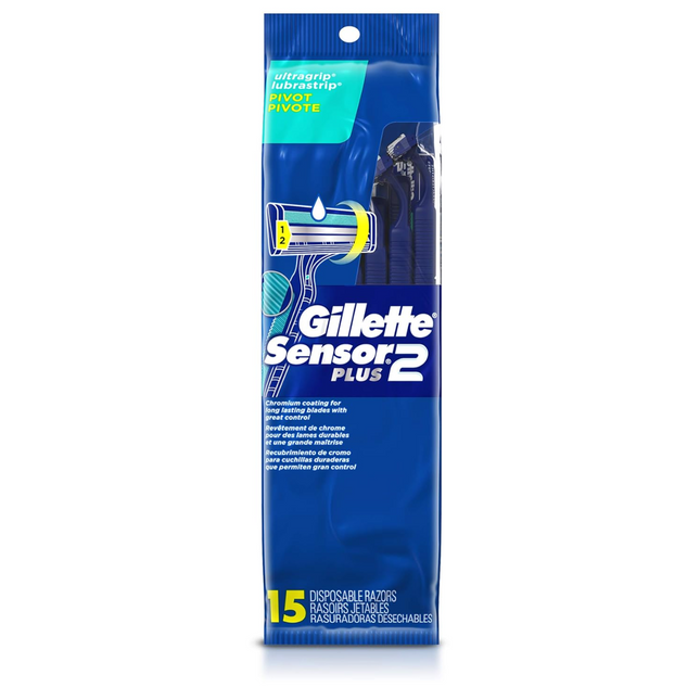 Gillette - Rasoir Sensor 2 Plus avec Ultragrip, Lubrastrip et Pivot | 15 rasoirs jetables