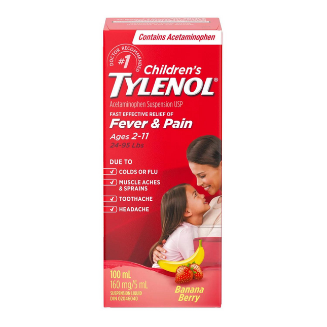 Tylenol - Children's Tylenol - Fast & Effective Relief of Fever & Pain - for Ages 2 -11 - Banana Berry Flavour | 100 mL