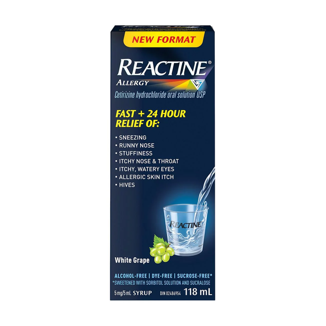 Reactine - Sirop contre les allergies rapide + 24HR - Raisin blanc | 118 ml