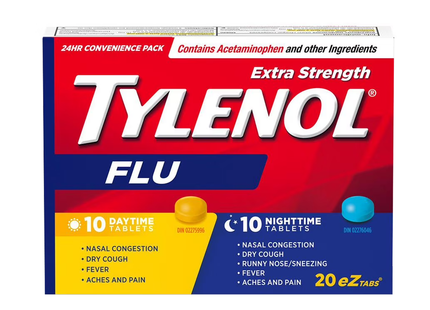 Comprimés Tylenol Extra Forts pour Soulager la Grippe | 10 comprimés de jour + 10 comprimés de nuit