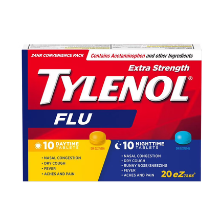 Comprimés Tylenol Extra Forts pour Soulager la Grippe | 10 comprimés de jour + 10 comprimés de nuit