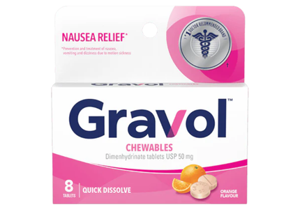 Gravol - Comprimés à croquer à saveur d'orange à dissolution rapide 50 mg - Adultes | 8 comprimés