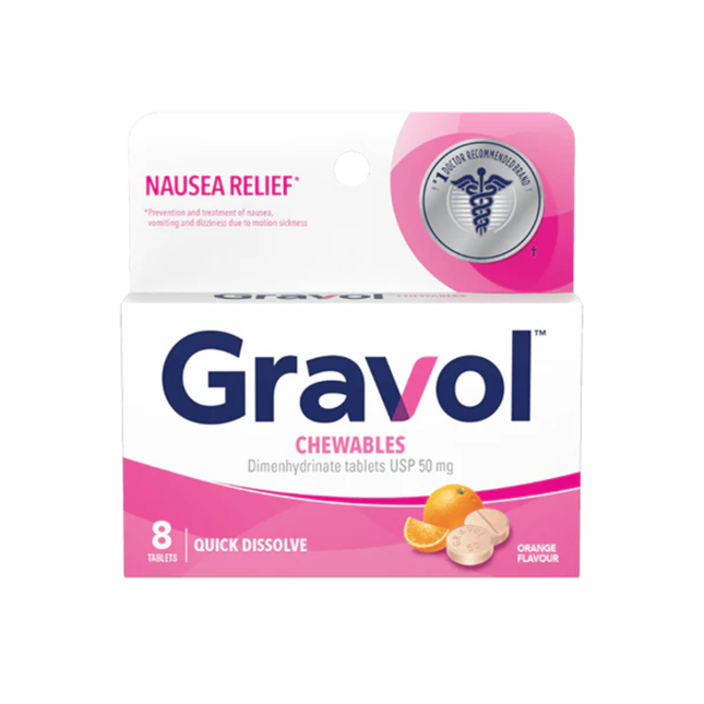 Gravol - Comprimés à croquer à saveur d'orange à dissolution rapide 50 mg - Adultes | 8 comprimés