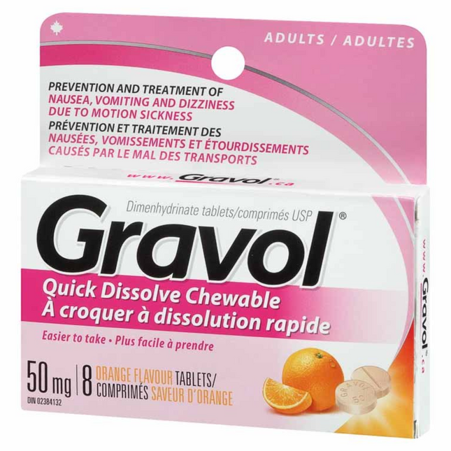 Gravol - Quick Dissolve Orange Flavour Chewable Tablets 50 mg - Adults | 8 Tablets