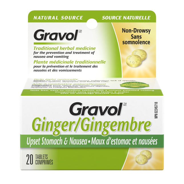 Gravol - Comprimés au gingembre sans somnolence pour maux d'estomac et nausées - 20 comprimés