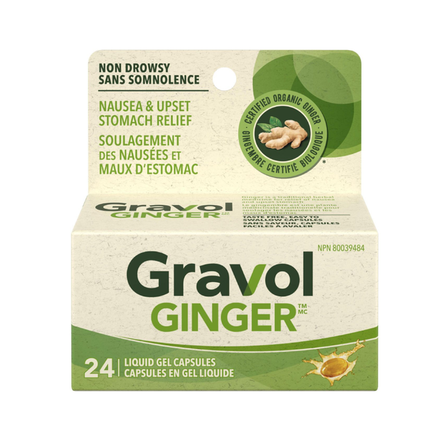 Gravol - Ginger Non-Drowsy Upset Stomach & Nausea Liquid Gel Capsules | 24 Capsules