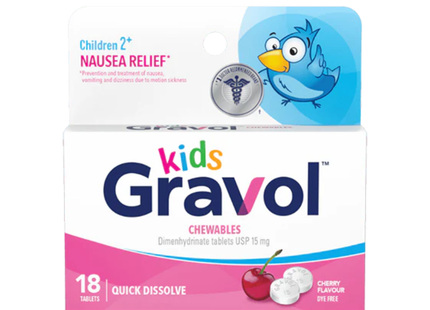 Gravol - Comprimés à croquer à saveur de cerise à dissolution rapide pour enfants 15 mg - Enfants | 18 comprimés