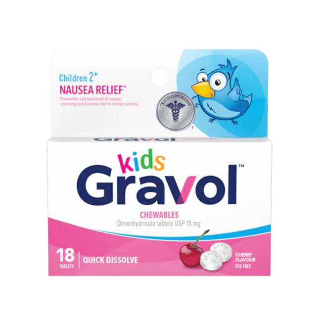 Gravol - Comprimés à croquer à saveur de cerise à dissolution rapide pour enfants 15 mg - Enfants | 18 comprimés