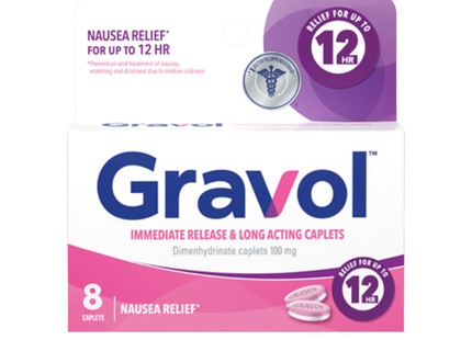 Gravol - Caplets à libération immédiate et à action prolongée 12 heures 100 mg - Adultes | 8 caplets FilmKote