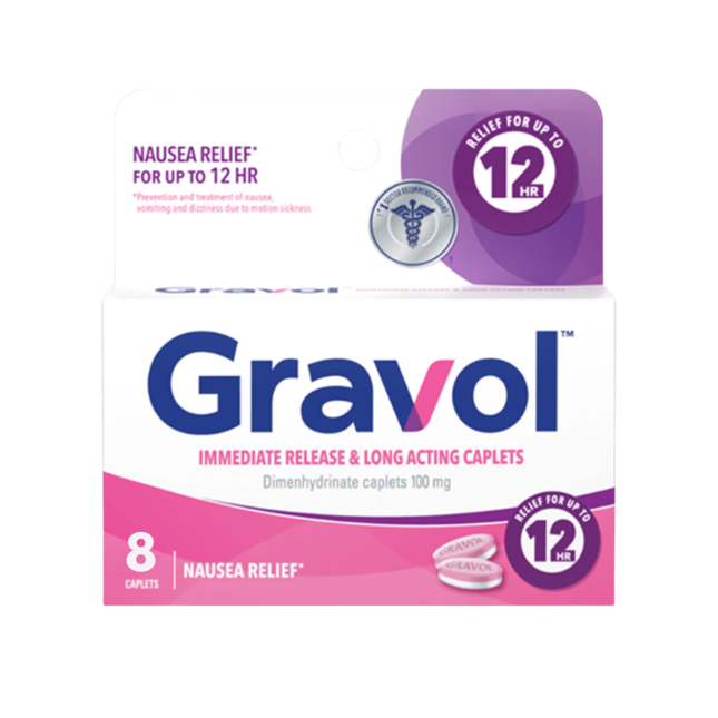 Gravol - Caplets à libération immédiate et à action prolongée 12 heures 100 mg - Adultes | 8 caplets FilmKote