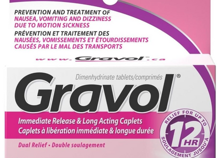 Gravol - 12H Immediate Release & Long Acting Caplets 100 mg - Adults | 8 FilmKote Caplets