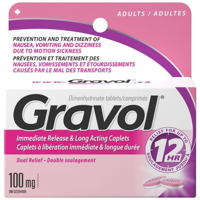 Gravol - Caplets à libération immédiate et à action prolongée 12 heures 100 mg - Adultes | 8 caplets FilmKote