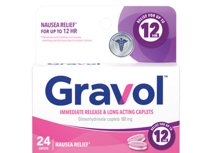 Gravol - Caplets à libération immédiate et à action prolongée 12 heures 100 mg - Adultes | 24 caplets FilmKote