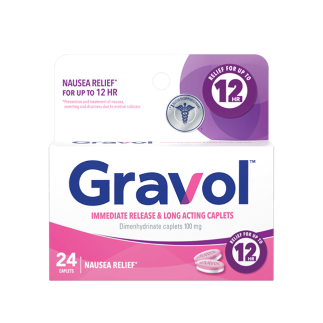 Gravol - 12H Immediate Release & Long Acting Caplets 100mg - Adults | 24 FilmKote Caplets