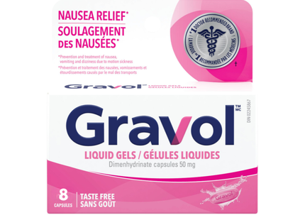 Gravol - Capsules de gel liquide sans goût 50 mg - Adultes | 8 gélules