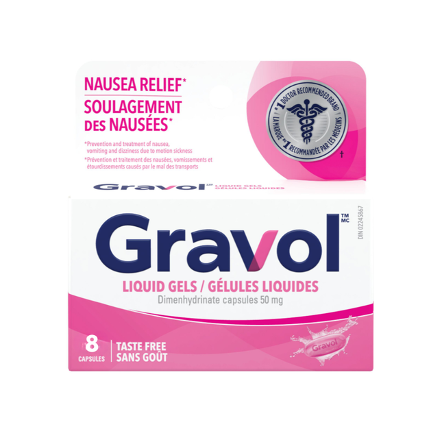 Gravol - Taste Free Liquid Gel Capsules 50 mg - Adults | 8 Capsules