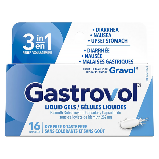 Gastrovol - Bismuth Subsalicylate 262 MG Liquid Gels - Dye/Taste Free | 16 Capsules