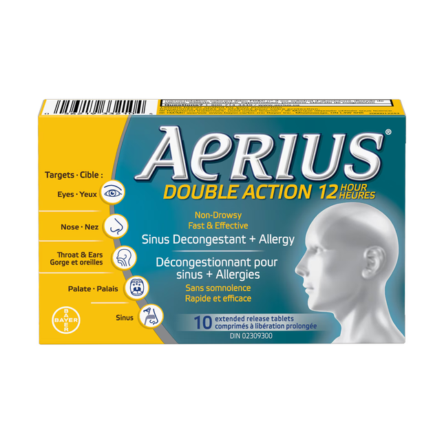 Aerius - Double action 12 heures pour les allergies + soulagement des sinus | 10 comprimés à libération prolongée