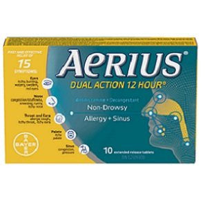 Aerius - Double action 12 heures pour les allergies + soulagement des sinus | 10 comprimés à libération prolongée