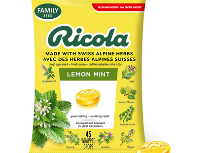 Ricola - Pastilles antitussives sans sucre pour la gorge - Citron et menthe | 45 pastilles emballées