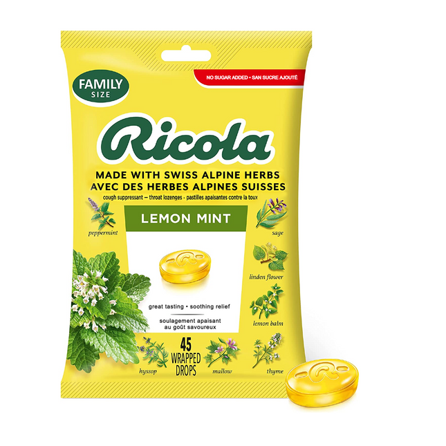 Ricola - Cough Suppressant Throat Lozenges - Lemon Mint | 45 Wrapped Lozenges