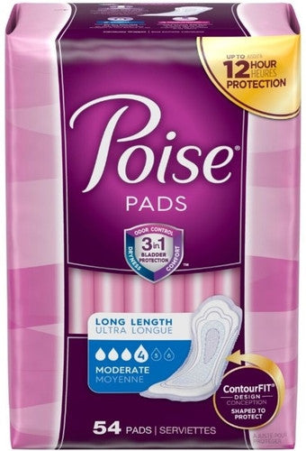 Poise - Serviettes pour incontinence - Absorption modérée - Longue longueur | 54 tampons